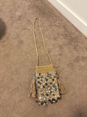 Free People Tan Sequin Fringe Crochet Crossbody Bag